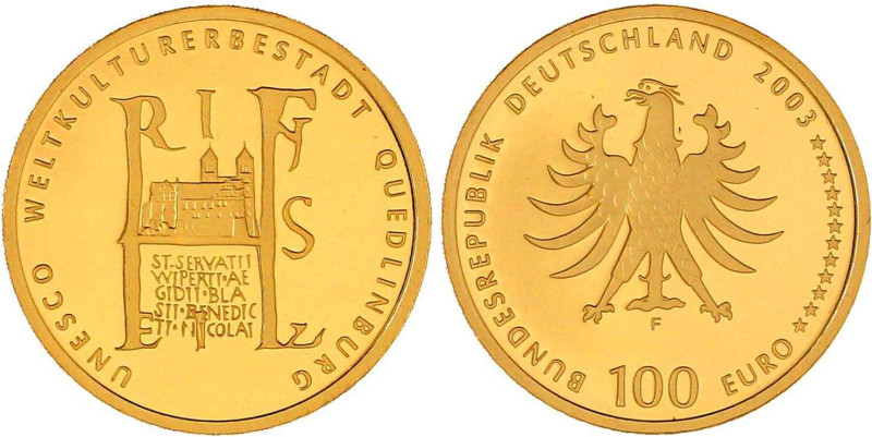 Euro, ab 2002
100 Euro 2003 F, Quedlinburg. 1/2 Unze Feingold. In Kapsel mit Ze...