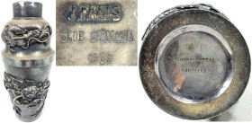 Japan
Varia
Silberner Cocktailshaker Samurain Shokai, Yokohama mit reliefartiger Drachenverzierung. Graviert " I. Preis Club Germania 1906" und "Pyr...