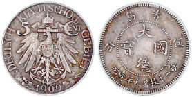 Kiautschou
5 Cent 1909. sehr schön, kl. Kratzer. Jaeger 729.