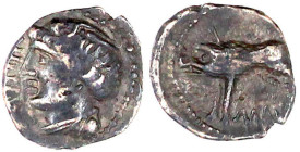 Gallische Kelten
Helvetii
Quinar, 1. Jh. v. Chr. Kopf l./Eber l. 1,44 g. sehr schön. Castelin 960. HMZ 1-32a.