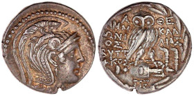 Attika
Athen
Tetradrachme "neuen" Stils 118/117 v. Chr. Magistraten Ammonios und Kallias. 16,71 g. sehr schön/vorzüglich, kl. Schrötlingsfehler am R...