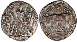 Kreta
Phaistos
Tetradrachme 330/320 v. Chr. Stehender Herakles zwischen Schlange und Olivenbaum/Stier links im Lorbeerkranz. 10,74 g. sehr schön, se...