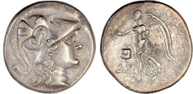 Pamphylia
Side
Tetradrachme 205/100 v. Chr. Kopf der Athena mit korinthischem Helm r., seleukidischer Gegenstempel Anker/ΔEI. Nike geht n. l., hält ...