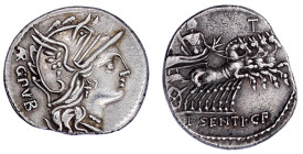 Römische Republik
L. Sentius C.F, 101 v. Chr
Denar 101 v. Chr. ARG PVB. Romakopf r./L. SENTI C.F. Jupiter in Quadriga r., im Feld T. 3,98 g. vorzügl...