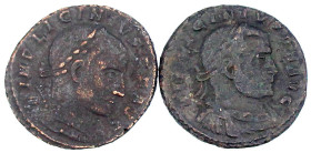 Kaiserzeit
Licinius I., 308-324
2 versch. Folles der Münzstätte Ostia. Standarten und Soli Invicto. beide sehr schön