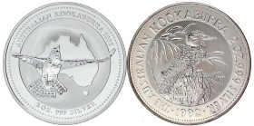 Australien
Elisabeth II., 1952-2022
2 X 2 Silber-Unzen Kookaburra zu 2 Dollars in Originalkapseln 1992 und 2002. Stempelglanz
