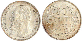 Belgien
Leopold II., 1865-1909
50 Centimes französische Legende 1907. fast Stempelglanz, min. Randfehler, Prachtexemplar. Krause/Mishler 60.1.