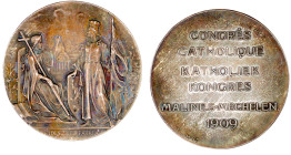 Belgien
Leopold II., 1865-1909
Silbermedaille 1909 von Fisch. Katholikenkongress Mechelen. 49 mm; 38,80 g. vorzüglich/Stempelglanz, schöne Patina