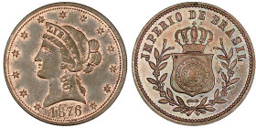Brasilien
Pedro II., 1831-1889
Cent-Probe (?) 1876 in Kupfer, 26 mm, 7,23 g. Büste der Liberty umkreist von 13 Sternen und Jahreszahl (in Anlehnung ...