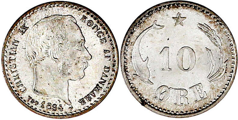 Dänemark
Christian IX., 1863-1906
10 Öre 1894 VBP. fast Stempelglanz, Prachtex...