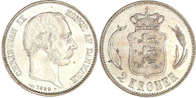 Dänemark
Christian IX., 1863-1906
2 Kroner 1899 VBP prägefrisch/fast Stempelglanz, Prachtexemplar. Hede 13B. Sieg 1.2.