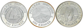 Dänemark
Margrethe II., seit 1972
3 X 100 Kroner: 2007 Polarbär, 2008 Schlitten auf Globus und 2009 Eisberge. Polierte Platte. Krause/Mishler 916.