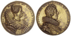 Frankreich
Ludwig XIII., 1610-1643
Vergoldete Bronzegussmedaille 1620 von Dupre. Brb. Louis r./Brb. Anna von Österreich r. 60 mm. vorzüglich, Henkel...