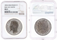 Frankreich
Napoleon III., 1852-1870
Probe in Zinn zu 5 Francs 1853 A, v. Barre Im PCGS-Blister mit Grading MS 61 (das einzigste gegradete Ex.) vorzü...