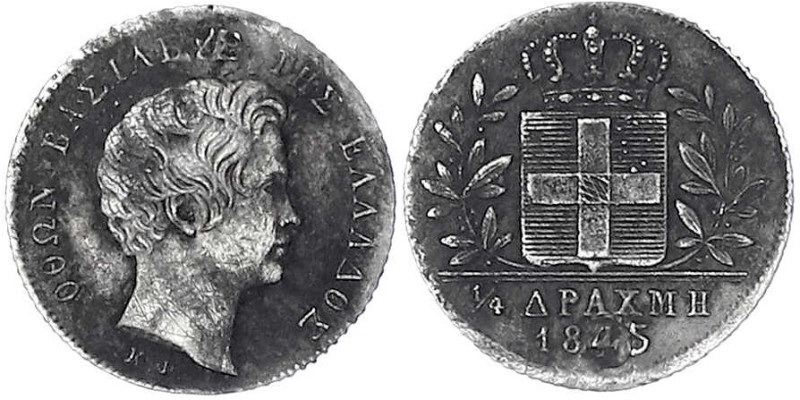 Griechenland
Otto von Bayern, 1832-1862
1/4 Drachme 1845. Unauffällig gestopft...