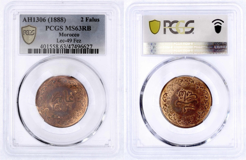 Marokko
Al-Hasan, 1873-1894
2 Fulus (Falus) AH 1306 = 1888. Im PCGS-Blister mi...