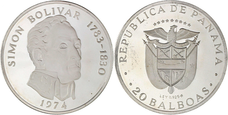 Panama
Republik, seit 1903
20 Balboas Großsilbermünze 1974 Simon Bolivar. 129,...