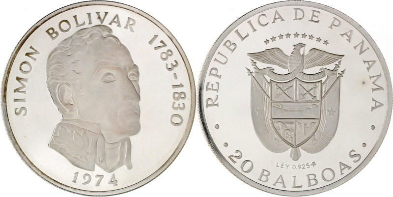 Panama
Republik, seit 1903
20 Balboas Großsilbermünze 1974 Simon Bolivar. 129,...