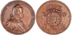 Hessen-Darmstadt
Ludwig VIII., 1739-1768
Bronzemedaille 1758 v. A. Schäfer. Bustb. n.r./Wappen. 58 mm. (Schütz kennt die Medaille in dieser Größe nu...