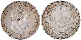 Hohenzollern-Sigmaringen
Friedrich Wilhelm IV., 1849-1861
1/2 Gulden 1852 A. sehr schön/vorzüglich. Jaeger 22. AKS 21.