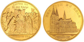 Köln-Stadt
Verg. Bronzemedaille 1880 v. Drentwett, a.d. Vollendung des Doms. Dom/hl. 3 Könige. 51 mm. Stempelglanz. Weiler 2673.