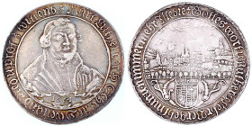 Mansfeld-Eisleben
3/4 Schautaler 1661 auf die Jahrhundertfeier der Naumburger Konvention, Brb. Luthers/Stadtansicht über Mansfelder Wappen. 20,92 g. ...