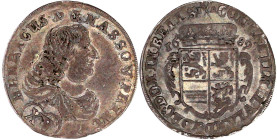 Nassau-Dillenburg
Heinrich, 1662-1701
XV Kreuzer 1689 IXA, Herborn. Brustb. n.r. darunter Blume/Wappen. In der Vs.-Umschrift Doppelpunkt nach NASSOV...