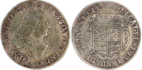 Nassau-Dillenburg
Heinrich, 1662-1701
XV Kreuzer 1689 IXA, Herborn. Brustb. n.r. darunter Blume und Doppelpunkt/Wappen. In der Vs.-Umschrift Doppelr...