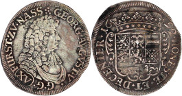 Nassau-Idstein
Georg August, 1668-1721
15 Kreuzer 1692 ML (Matthias Longerich), Idstein. sehr schön, min. Zainende, sehr selten. Isenbeck 98.