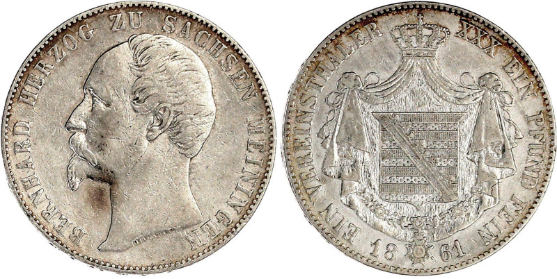 Sachsen-Meiningen
Bernhard II., 1821-1866
Vereinstaler 1861. fast sehr schön. ...