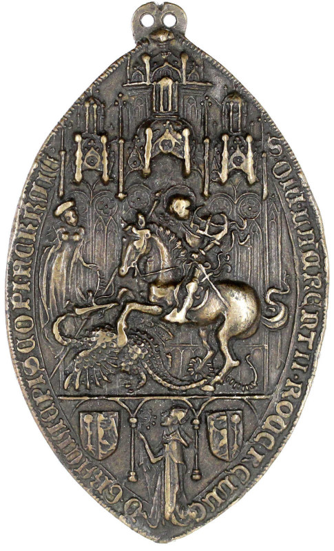 Renaissance
Italien
Spitzovales, tragbares Bronzesiegel von Lorenzo Roverella,...