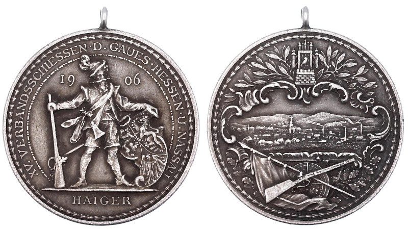 Schützenmedaillen
Haiger
Tragb. Silbermedaille 1906 Verbandsschießen des Gaues...