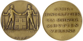 Schützenmedaillen
Schweiz
Aargau, Kanton
Bronzemedaille 1924 von Hans Frei. Schützenfest in Aarau. 50 mm. In weinroter Originalschatulle. vorzüglic...