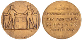 Schützenmedaillen
Schweiz
Aargau, Kanton
Bronzemedaille 1924 von Hans Frei. Schützenfest in Aarau. 50 mm. vorzüglich. Richter 45c.