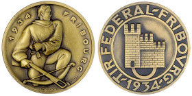 Schützenmedaillen
Schweiz
Fribourg
Bronzemedaille 1934 von W. Jordan. Schützenfest Freiburg. 50 mm. Im leicht beschädigtem Originaletui. vorzüglich...