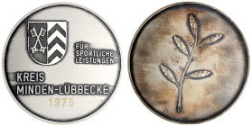 Städtemedaillen
Minden(Westf.)
Silber-Preismedaille des Kreises Minden-Lübbecke 1975, für sportliche Leistungen. 60 mm, 82,63 g. 835/1000. In Origin...