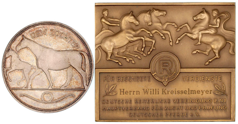 Tiermotive
Pferdezucht
2 Stück: Versilberte Bronzemedaille o.J. v. Fritsch. Re...