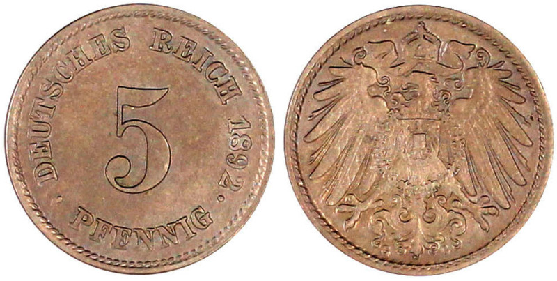 5 Pfennig großer Adler, Kupfer/Nickel 1890-1915
1892 G. fast Stempelglanz, fein...