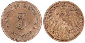 5 Pfennig großer Adler, Kupfer/Nickel 1890-1915
1892 G. fast Stempelglanz, feine Tönung, selten in dieser Erhaltung. Jaeger 12.