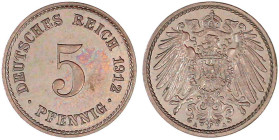 5 Pfennig großer Adler, Kupfer/Nickel 1890-1915
1912 A. Polierte Platte, zaponiert, selten. Jaeger 12.