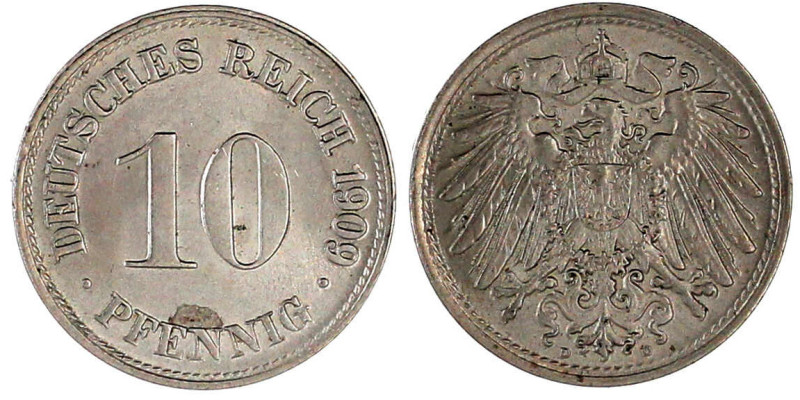 10 Pfennig großer Adler, Kupfer/Nickel 1890-1916
1909 D. Stempelglanz. Jaeger 1...