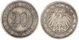 20 Pfennig großer Adler, Nickel 1890-1892
1890 D. vorzüglich. Jaeger 14.