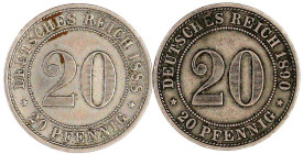 20 Pfennig großer Adler, Nickel 1890-1892
2 X 20 Pfennig: 1888 F und 1890 A. beide sehr schön. Jaeger 6 und 14.