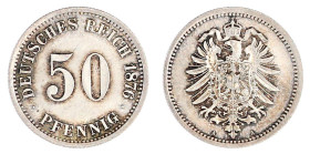 50 Pfennig kleiner Adler, Silber 1875-1877
1876 A. fast Stempelglanz, Prachtexemplar mit herrlicher Patina. Jaeger 7.