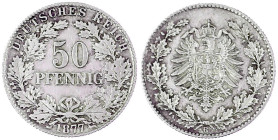 50 Pfennig kl. Adler Eichenzweige Silber 1877-1878
1877 B. vorzüglich, kl. Kratzer. Jaeger 8.