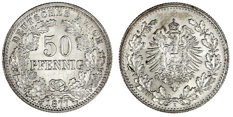 50 Pfennig kl. Adler Eichenzweige Silber 1877-1878
1877 H. fast Stempelglanz, P...