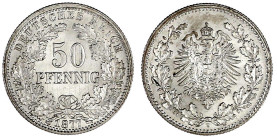 50 Pfennig kl. Adler Eichenzweige Silber 1877-1878
1877 H. fast Stempelglanz, Prachtexemplar, sehr selten in dieser Erhaltung. Jaeger 8.