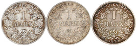 1 Mark kleiner Adler, Silber 1873-1887
3 Stück: 1875 B und D, 1879 A. sehr schön bis vorzüglich, Letzterer selten. Jaeger 9.