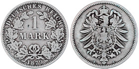 1 Mark kleiner Adler, Silber 1873-1887
1879 A schön/sehr schön, dunkle Patina, selten. Jaeger 9.