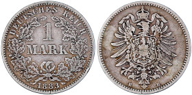 1 Mark kleiner Adler, Silber 1873-1887
1883 E. fast sehr schön, selten. Jaeger 9.